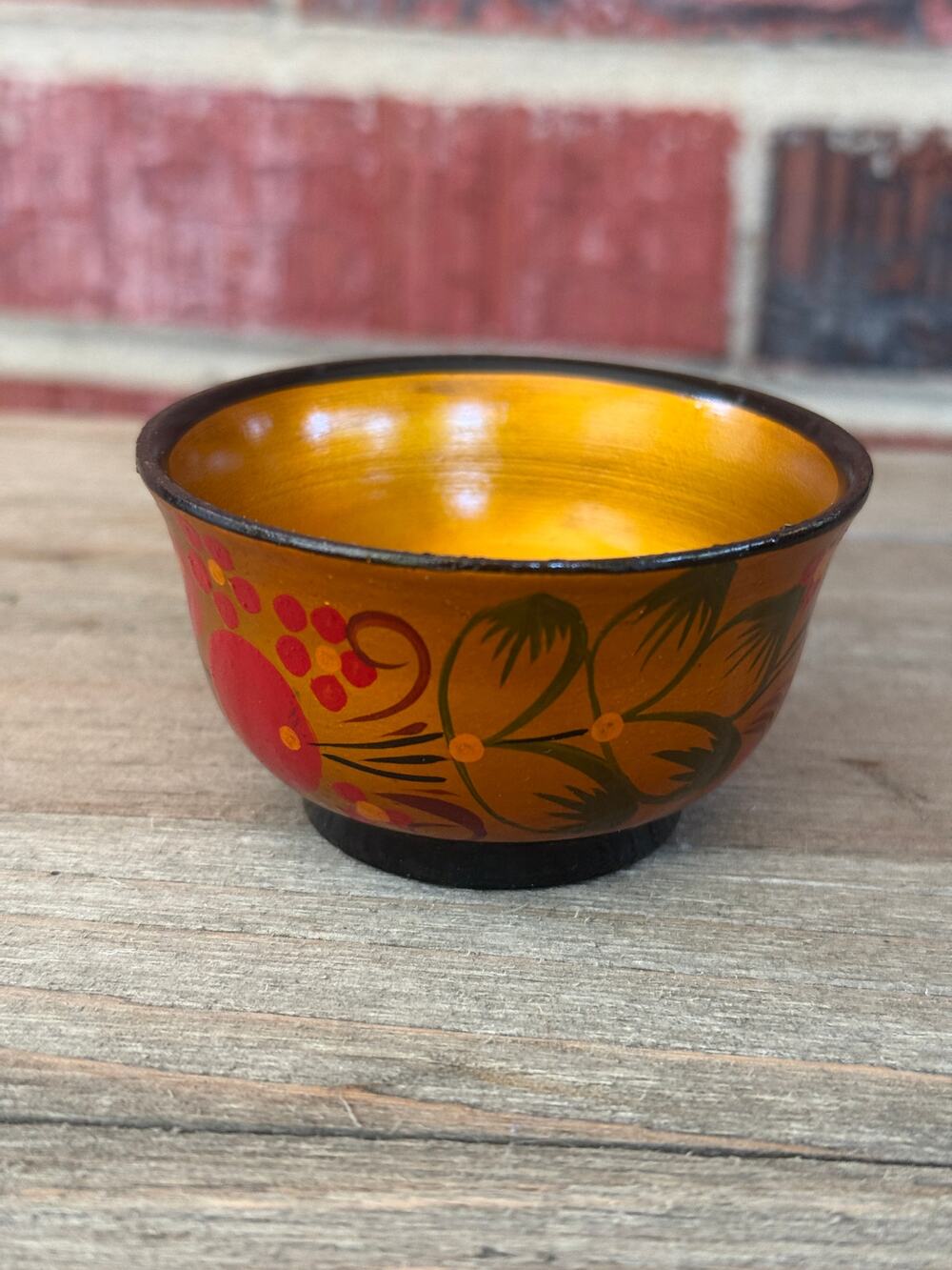 Vintage Russian Khokhloma Mini Wood Bowl Salt Cellar Folk Art